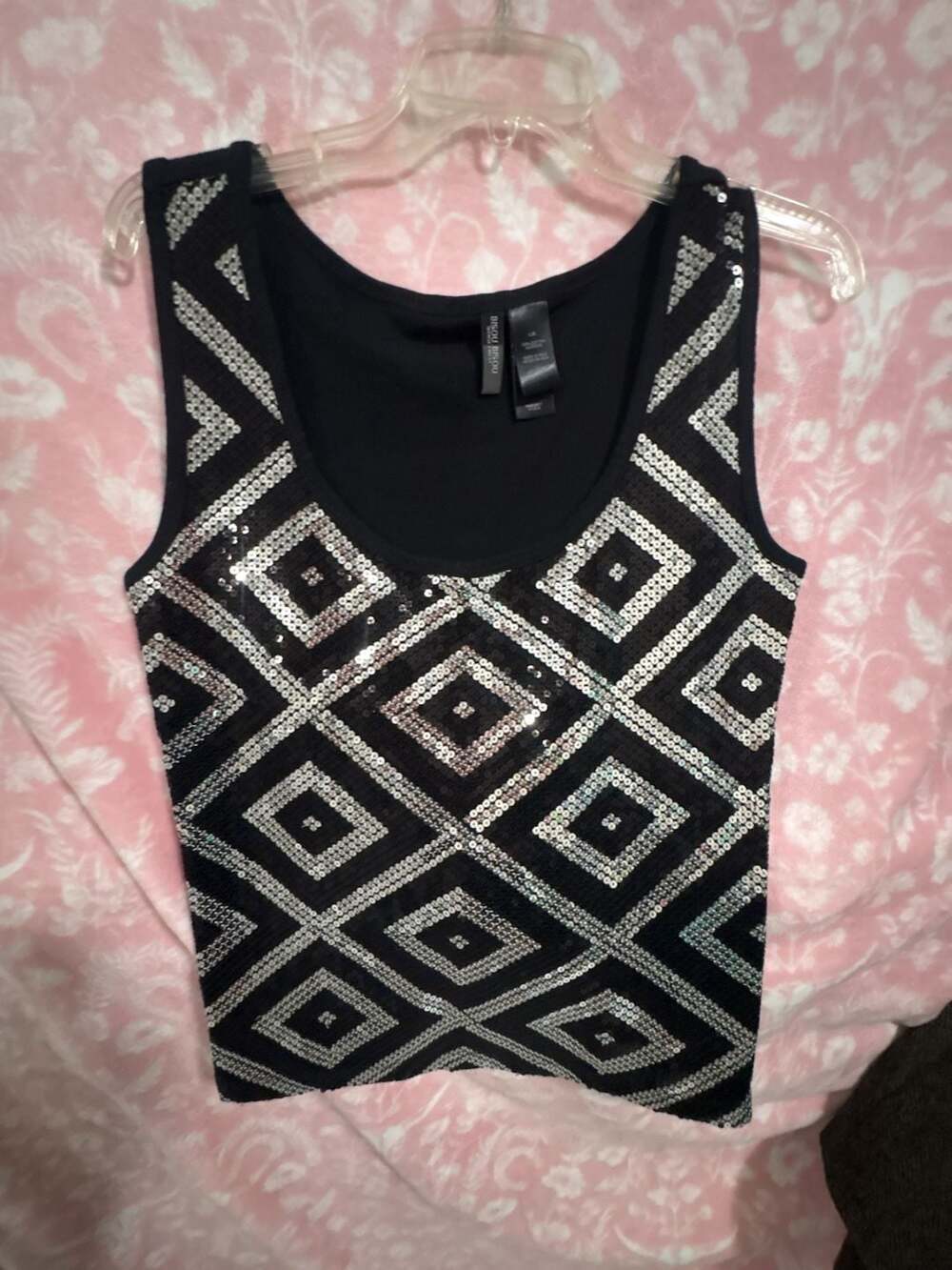 Bisou Bisou Women's Black Sleeveless Tank Top with Silver Geometric Sequin